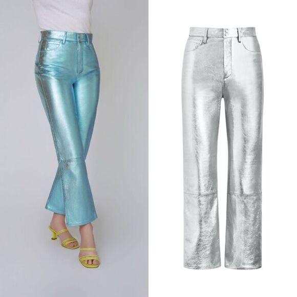 The Mighty Company The Queensway Lamb Leather Silver Pants Straight Leg Size 12 - Picture 1 of 13